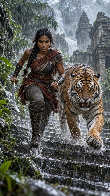Fierce warrior woman with a curved sword advances up wet temple steps alongside a snarling tiger ...