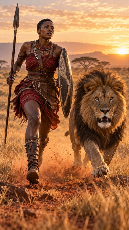 Female African warrior holding spear and shield walks alongside a male lion across sunlit savanna...