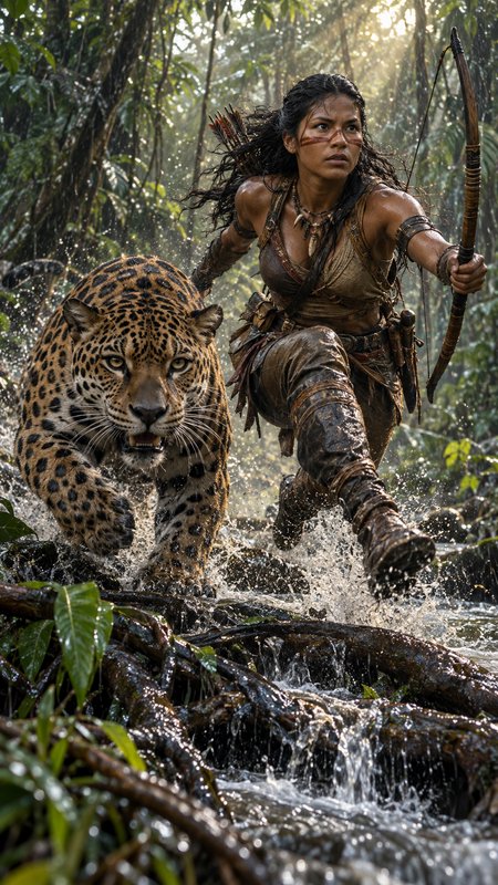 Fierce female jungle archer runs alongside a jaguar splashing through a sunlit rainforest stream