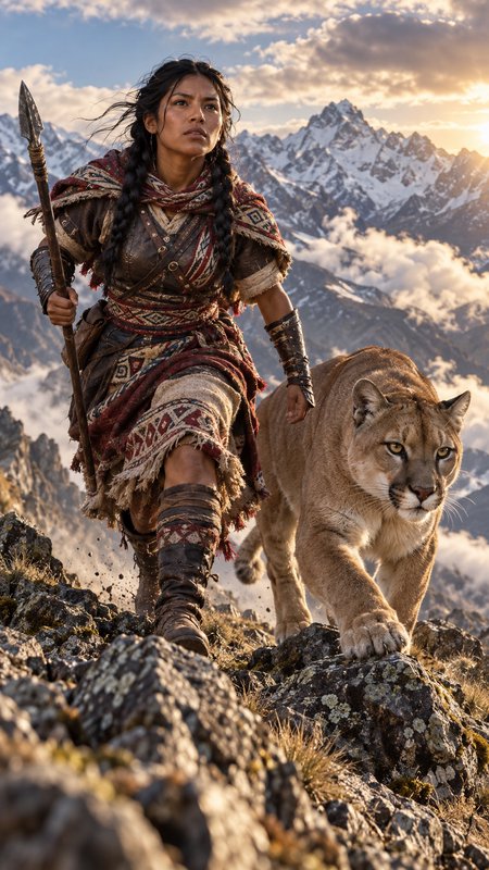 Indigenous female warrior with a spear walks beside a puma across rocky alpine peaks at golden su...