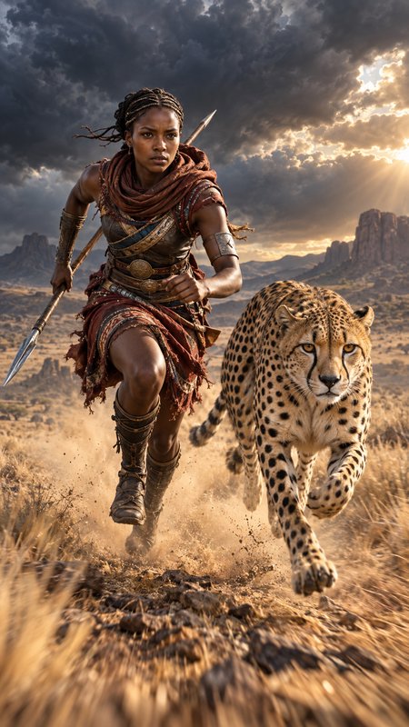 Black female warrior with a spear runs alongside a sprinting cheetah across dry savanna under sto...