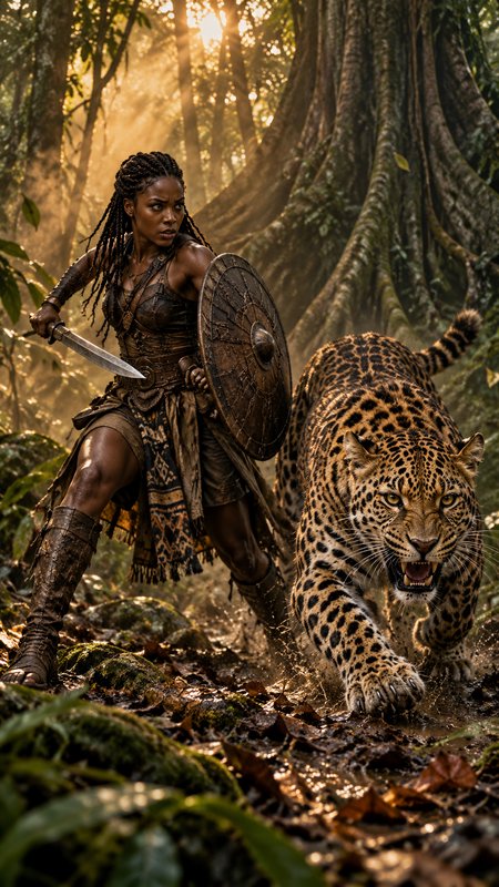 Fierce braided Black warrior woman with sword and shield stands guard beside a snarling jaguar in...