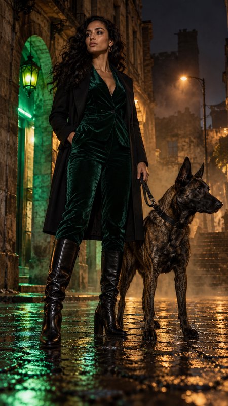 Elegant woman in green velvet suit stands with a large brindle guard dog on a misty wet historic ...