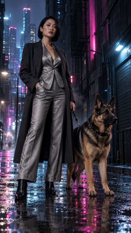 Confident stylish East Asian woman stands with her German Shepherd on a rain-slicked neon lit cit...