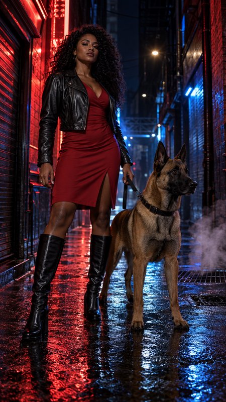 Confident curly-haired woman in a red dress and leather jacket stands with her Belgian Malinois o...