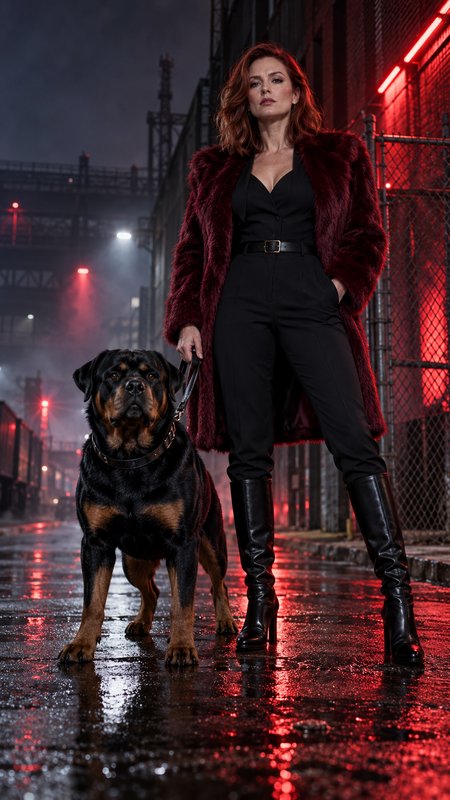 Confident red-haired woman in a burgundy fur coat stands with her Rottweiler on a neon-lit wet in...