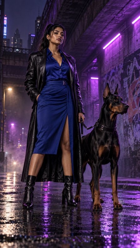 Poised stylish woman in leather trench coat stands with alert Doberman on wet neon-lit urban unde...
