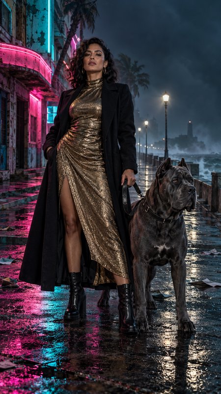 Confident elegant woman in a gold gown stands with a large Cane Corso on a neon-lit wet coastal p...