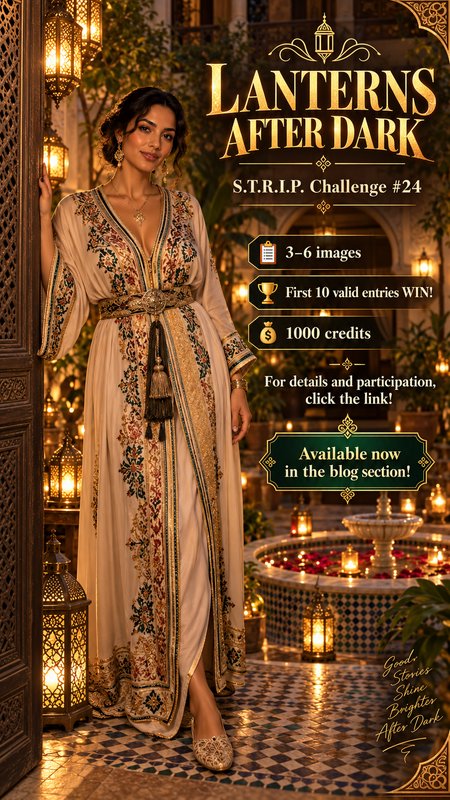 Promo graphic for Lanterns After Dark challenge, woman in ornate embroidered kaftan in glowing Mo...