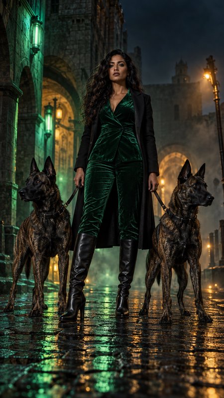 Confident elegant woman in a green velvet suit stands flanked by two large brindle guard dogs on a misty wet historic