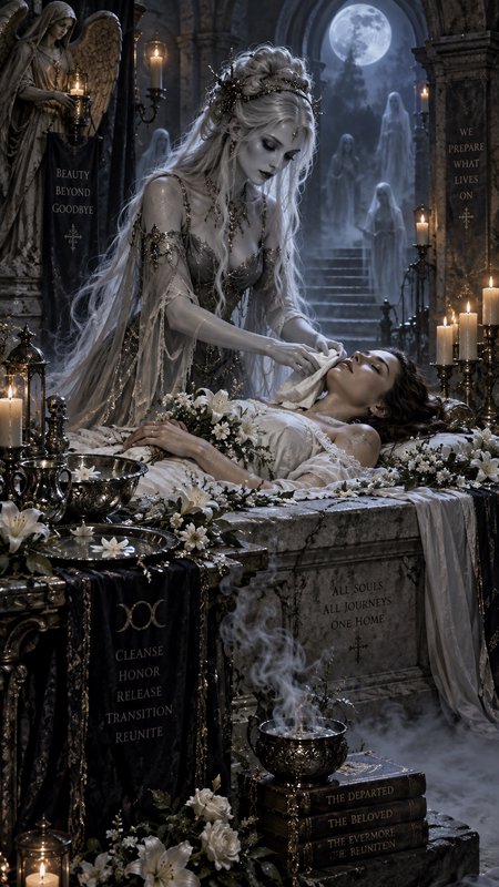 Ethereal pale silver-haired elven priestess tends to a deceased woman on a flower-adorned stone bier in a moonlit