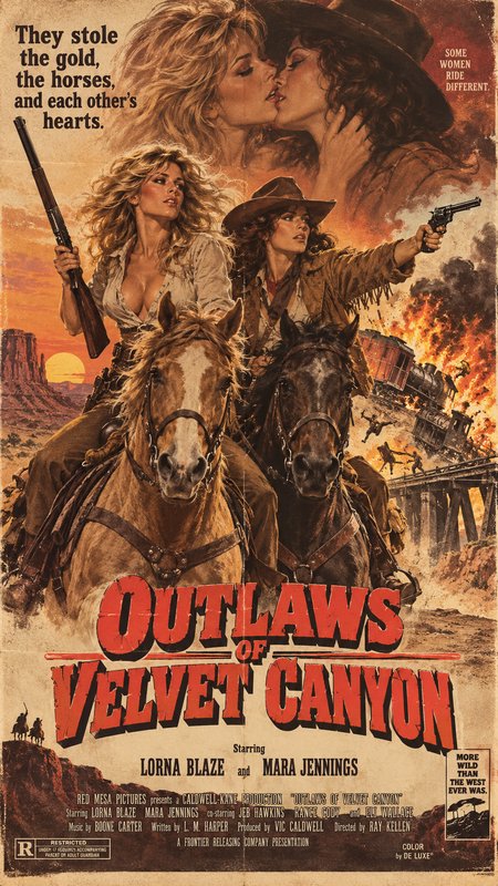 Vintage 1970s grindhouse western poster for Outlaws of Velvet Canyon, depicting romantic female outlaw leads on horseback.