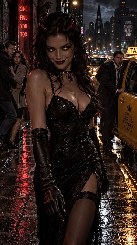 Glamorous horned demon woman in a black gown stands on a rain-slicked neon-lit city street at night