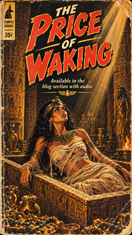Vintage pulp horror book cover for The Price of Waking, showing an Egyptian mummy queen waking in a gilded tomb sarcophagus