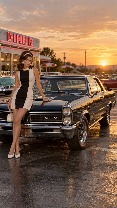 Stylish 1960s mod woman leans on glossy classic Pontiac GTO outside neon roadside diner during golden hour sunset