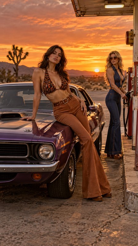 Two women in 70s retro fashion at a desert gas station with a purple classic muscle car during vibrant orange sunset.