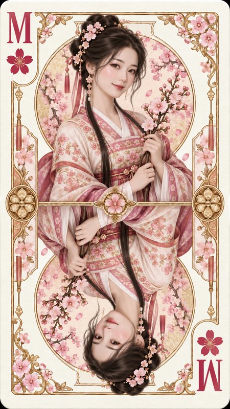 Ornate symmetrical playing card, mirrored portrait of elegant East Asian woman in cherry blossom hanfu, gold filigree
