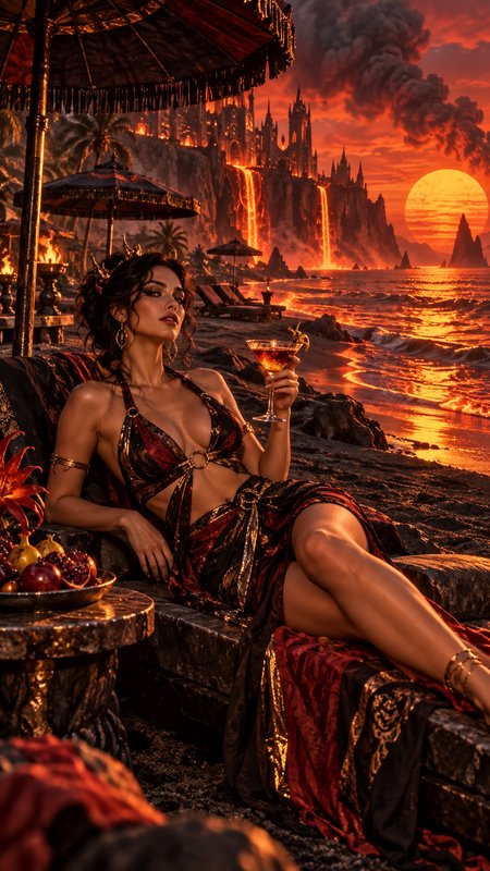 Regal fantasy woman lounging on dark sand beach with cocktail, fiery sunset, glowing lava waterfalls from cliff castle.