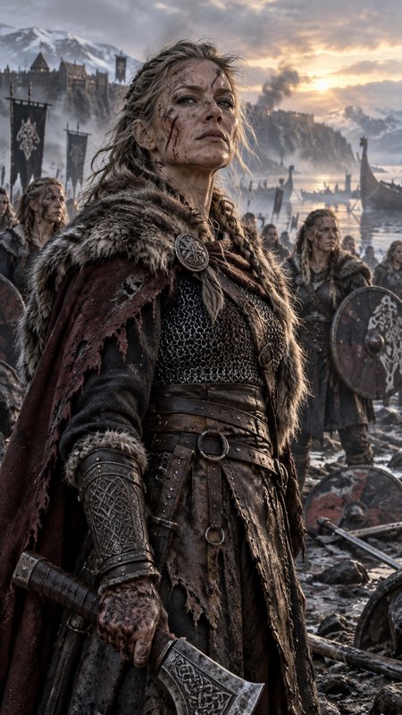 Battle-worn female Viking shield maiden stands with her army on a fjord shore at sunset, longships and mountain fortress