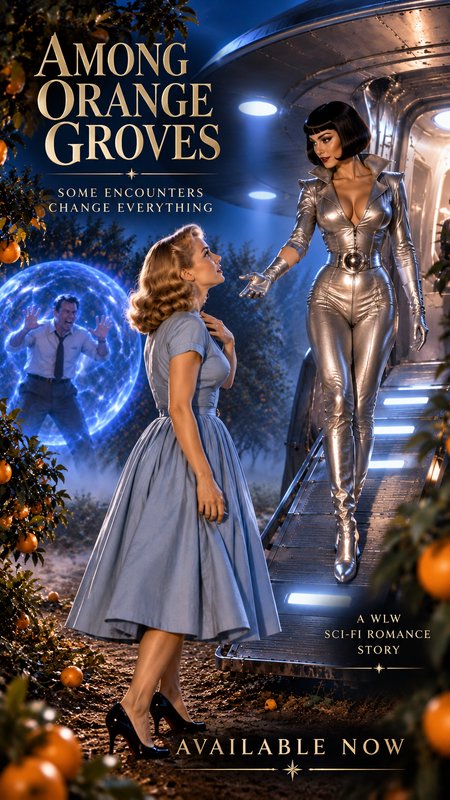 Retro sci-fi book cover of an alien stepping from a UFO to meet a 1950s woman in an orange grove