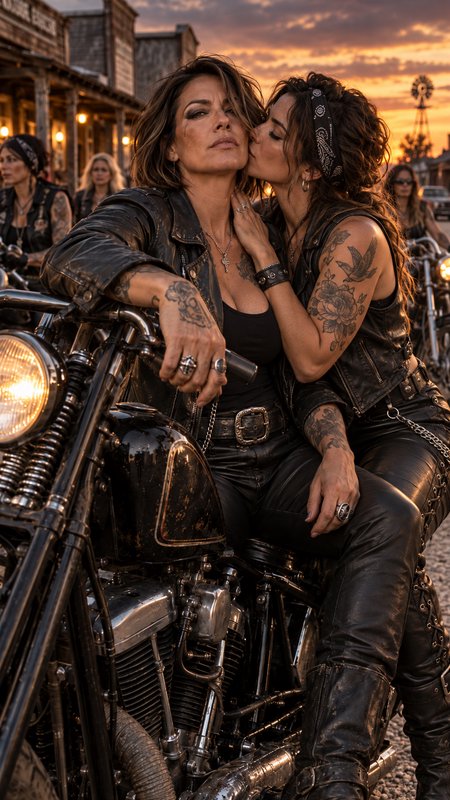 Tattooed women in leather biker gear share an intimate moment on a vintage motorcycle at sunset in a western town