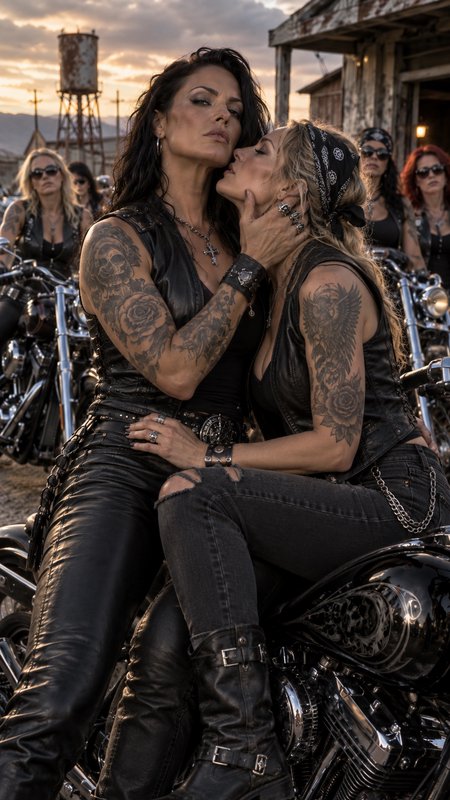 Two tattooed women in biker leather share an intimate moment seated on a motorcycle at sunset with their crew behind them