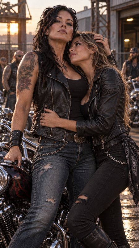 Two women in leather biker gear share an intimate embrace beside a custom motorcycle at golden hour