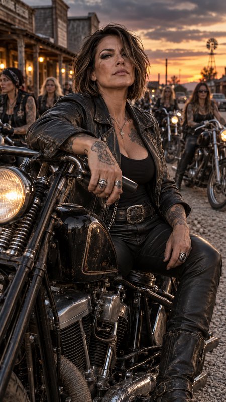 Confident tattooed woman in worn leather sits on a vintage chopper with a female biker crew at a sunset western town