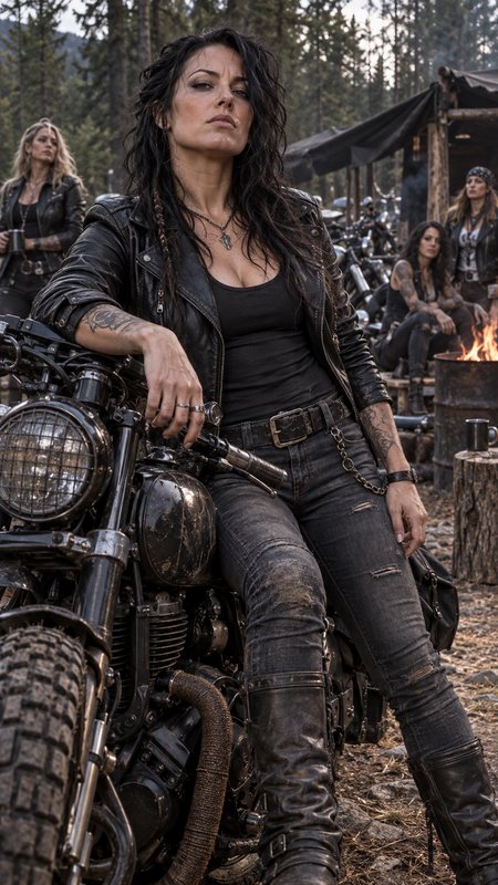 Tattooed leather-clad female biker leaning on a vintage motorcycle at a forest biker camp