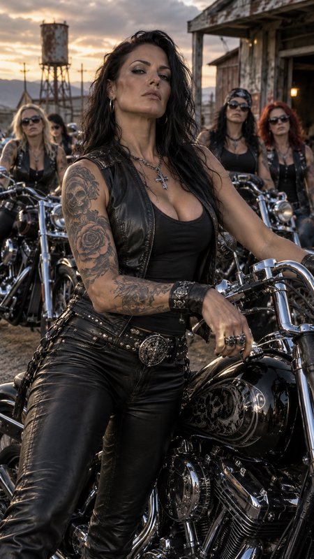 Tattooed female biker leader sits on a custom chopper with her all-woman crew at a desert ghost town sunset