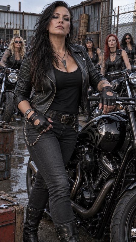 Female biker in black leather stands beside her custom motorcycle with her all-women biker crew in an industrial yard