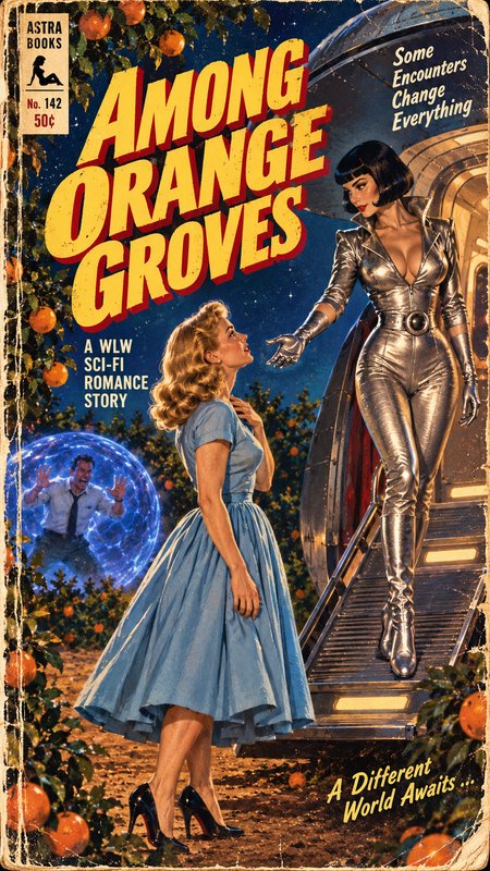 Retro 1950s pulp sci-fi romance book cover showing an alien visitor meeting a woman in an orange grove