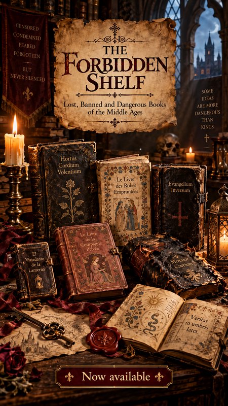 Curated display of ornate banned medieval books under The Forbidden Shelf sign on a candlelit gothic desk