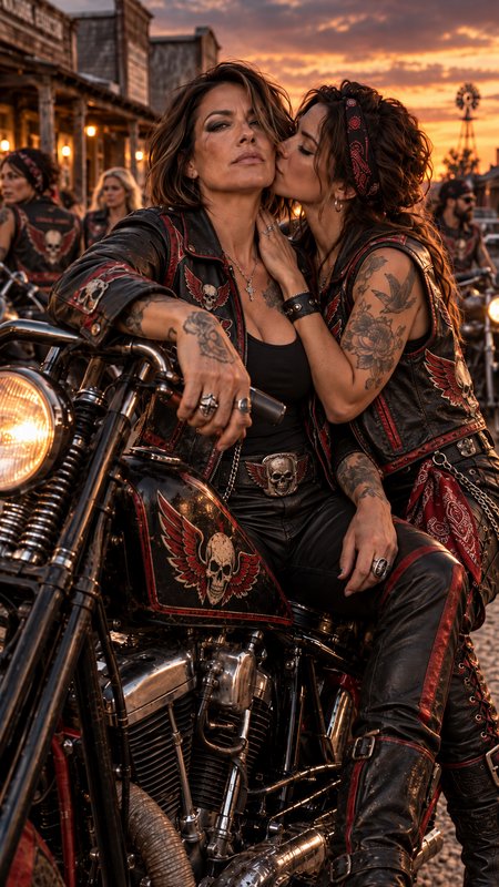 Tattooed biker couple share a tender moment on a custom chopper at a western town sunset
