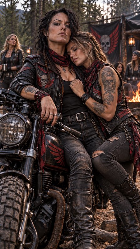Two tattooed female bikers share a quiet intimate moment seated together on a custom motorcycle at a forest biker camp