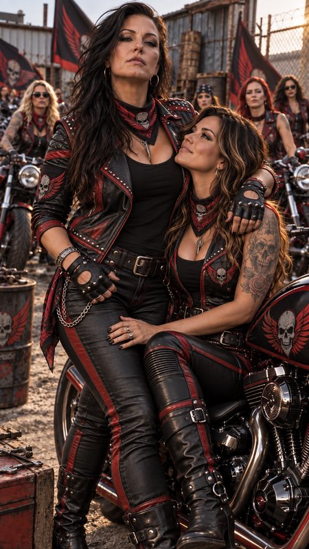 Two women in matching black and red biker leathers pose intimately on a motorcycle with their gang in the background