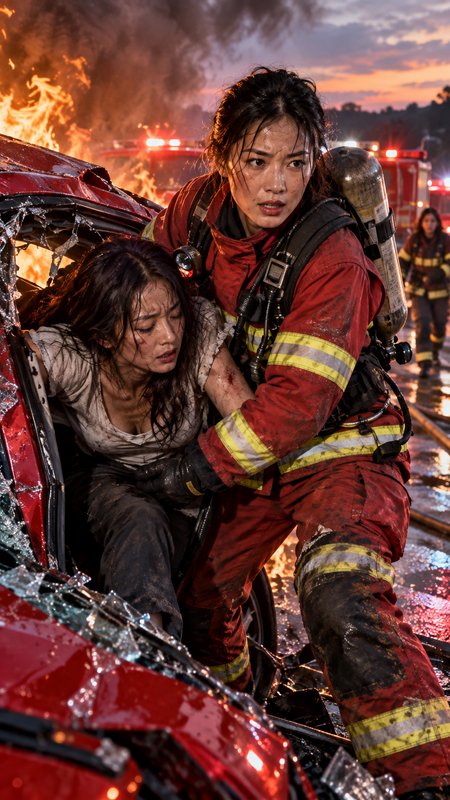Female firefighter rescuing injured crash victim from burning wrecked car at sunset