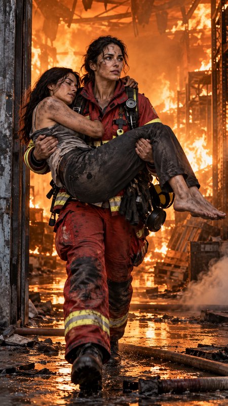 A female firefighter carries an injured civilian survivor away from a raging building fire