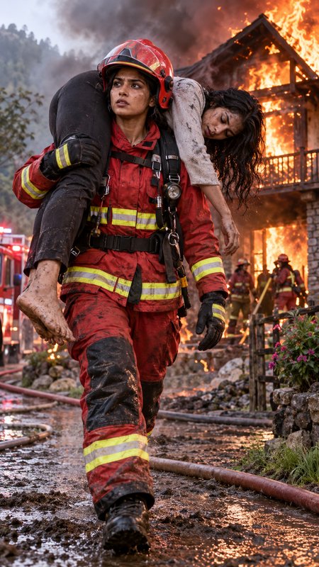Female firefighter carries an unconscious rescued civilian away from a burning house fire