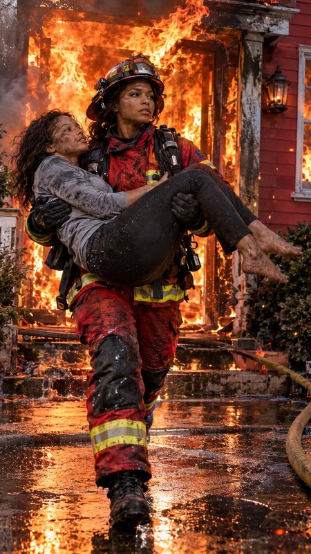 Female firefighter carries a soot-covered resident away from a burning residential home