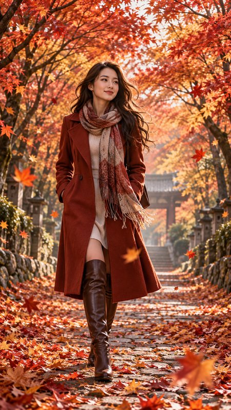 Young woman in fall outerwear walks along a leaf-strewn stone path lined with fiery autumn maple trees