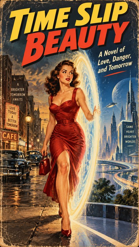 Glamorous woman in a red satin dress steps through a glowing time portal on a vintage pulp sci-fi novel cover