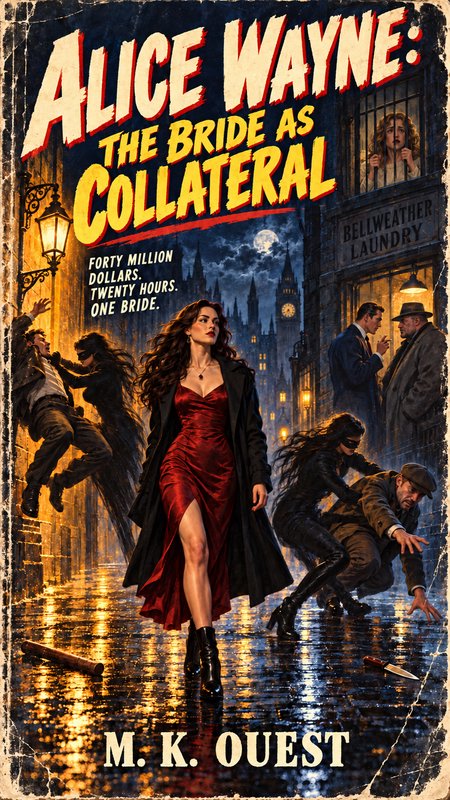 Retro pulp thriller book cover of a woman in a red gown walking down a rainy 1920s city street at night