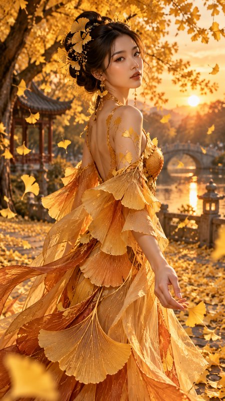 Elegant woman in a ginkgo leaf gown looks back over her shoulder in a traditional East Asian garden at golden sunset