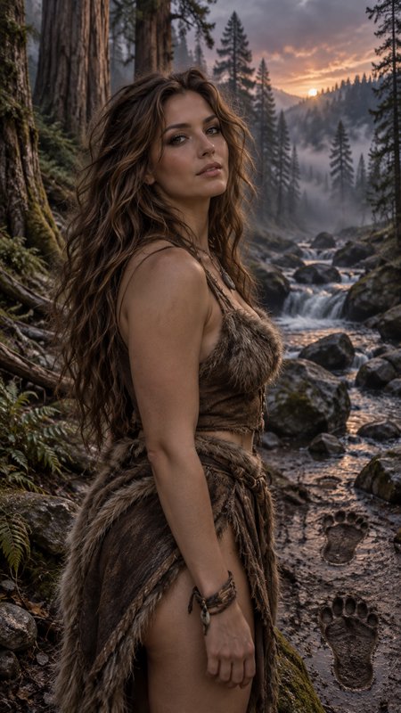 Woman in primitive fur attire stands beside a misty cascading forest stream at sunset.