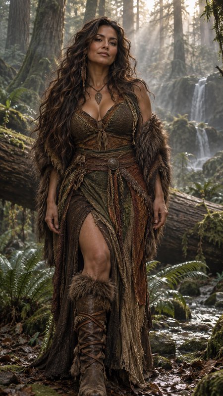 Confident tribal forest shaman stands in a misty sunlit old-growth rainforest beside a cascading waterfall