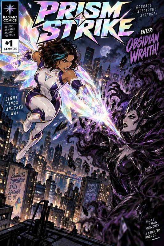 Superhero Prism Strike battles villain Obsidian Wraith on the cover of issue #1 over a moonlit city skyline