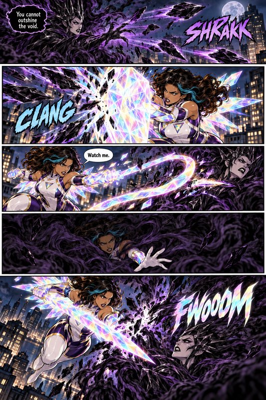 Five panel action comic showing a crystal superheroine battling a dark void villain above a moonlit night city