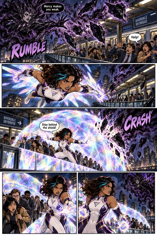Superheroine with crystalline energy powers defends panicked commuters from a dark villain at a city skybridge station