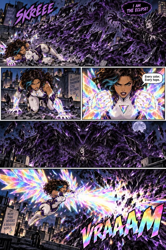 Multi-panel comic page of crystal-powered superheroine battling dark villain The Eclipse on a night city rooftop